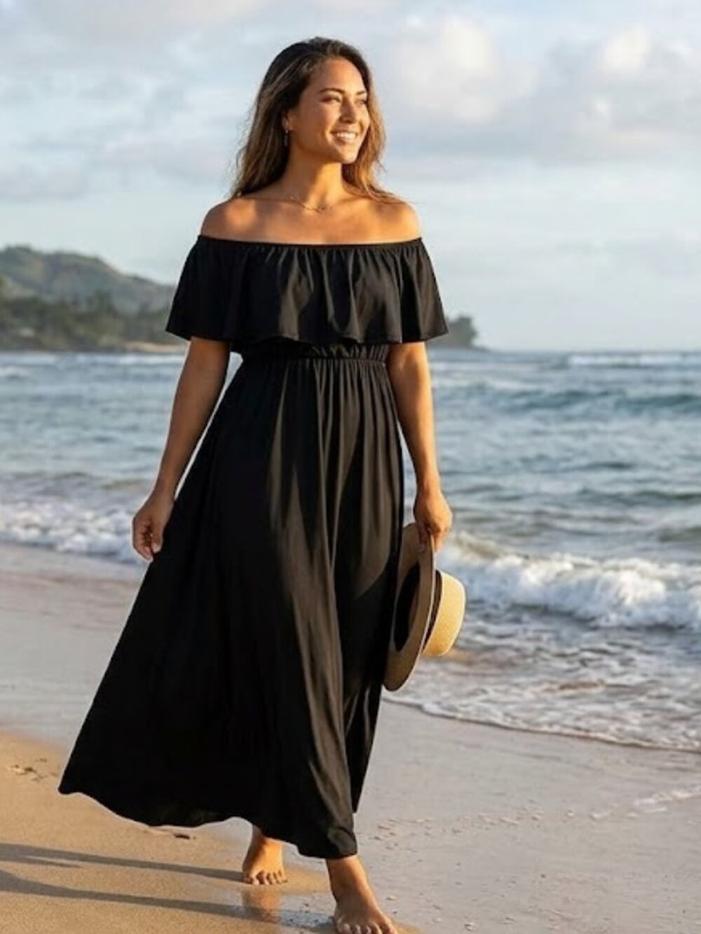 Elegant Black Maxi Dress With Off-Shoulder Ruffle Neckline Size Medium